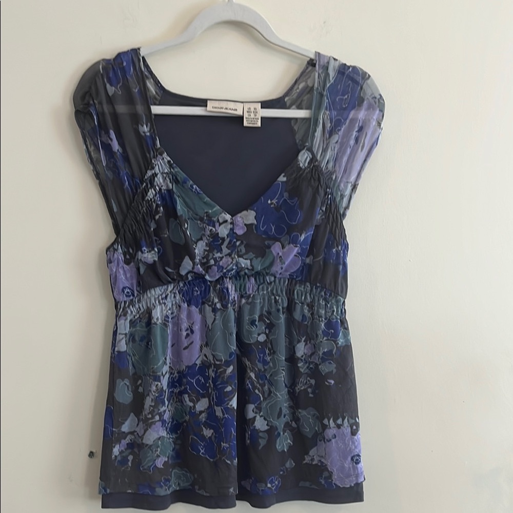 Vintage DKNY Jeans BabyDoll Y2K Mesh Top Floral Casual XS Purple‎ Gray